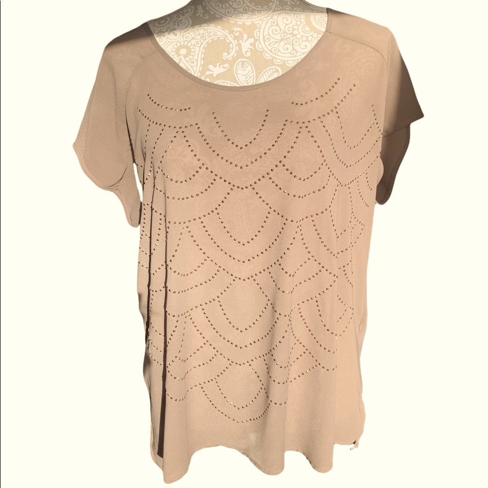 Bobeau hi-lo short sleeve sheer bedazzeled top